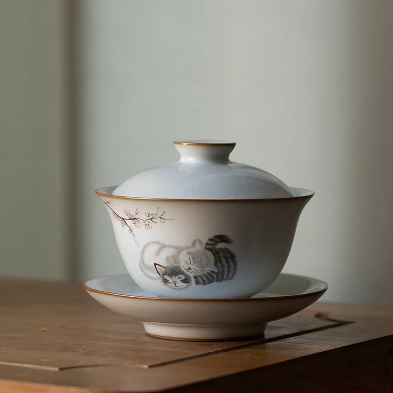 LUWU ceramic gaiwan cute cat porcelain tureen 160ml