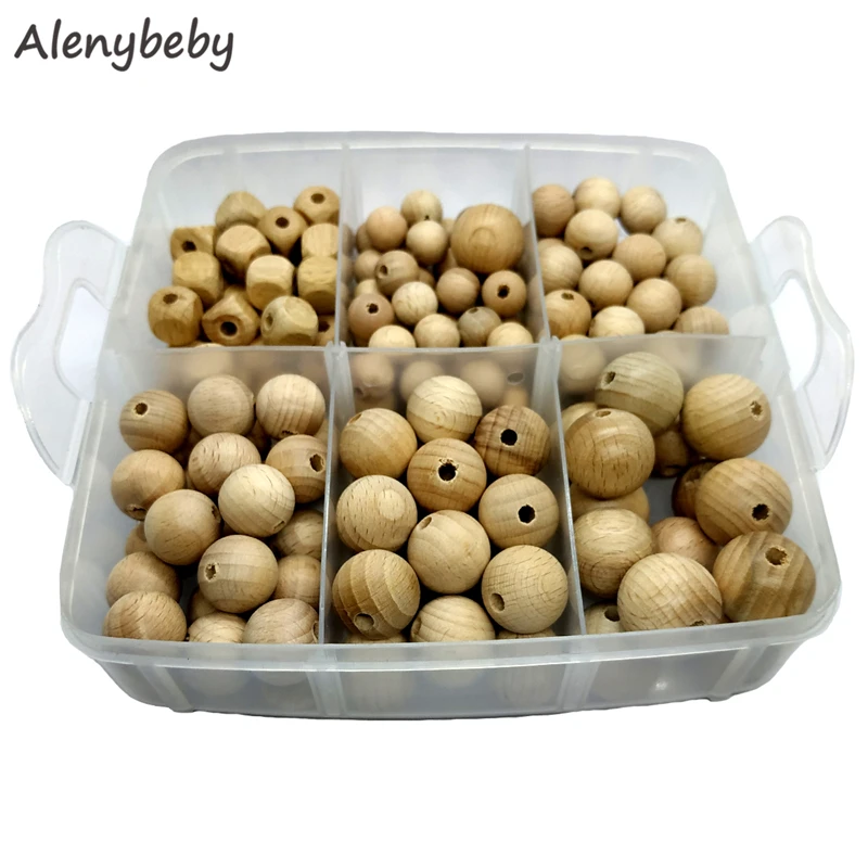 

Beech Wooden Round Beads Set Teether 160pcs 12-20mm Organic Wood Teething Beads Necklace For DIY Baby Teether Craft Making