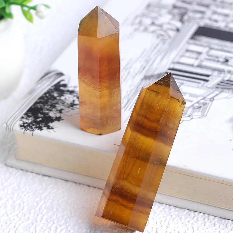 Natural Crystal Striped Fluorite Healing Obelisk Magic Point Health Energy Gem Hexagonal Ornament Yellow Fluorite Crystal Column