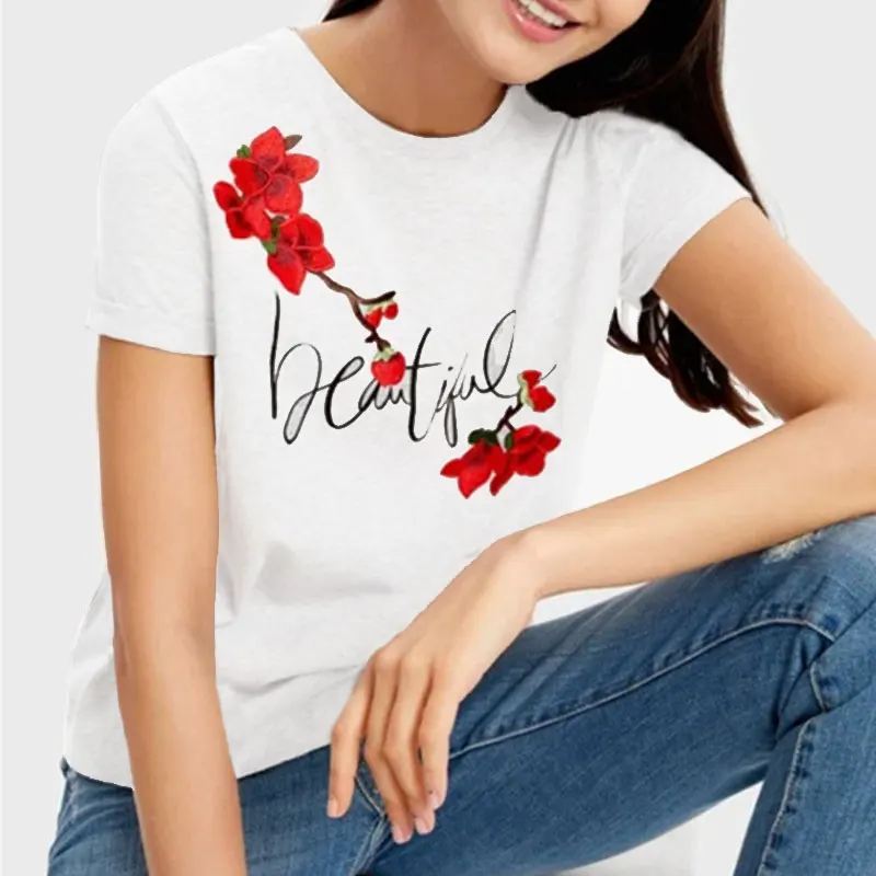 

Women Beautiful Floral print T-shirt Aesthetics Graphic Short Sleeve Cotton Polyester T Shirts Female Camisetas Verano Mujer