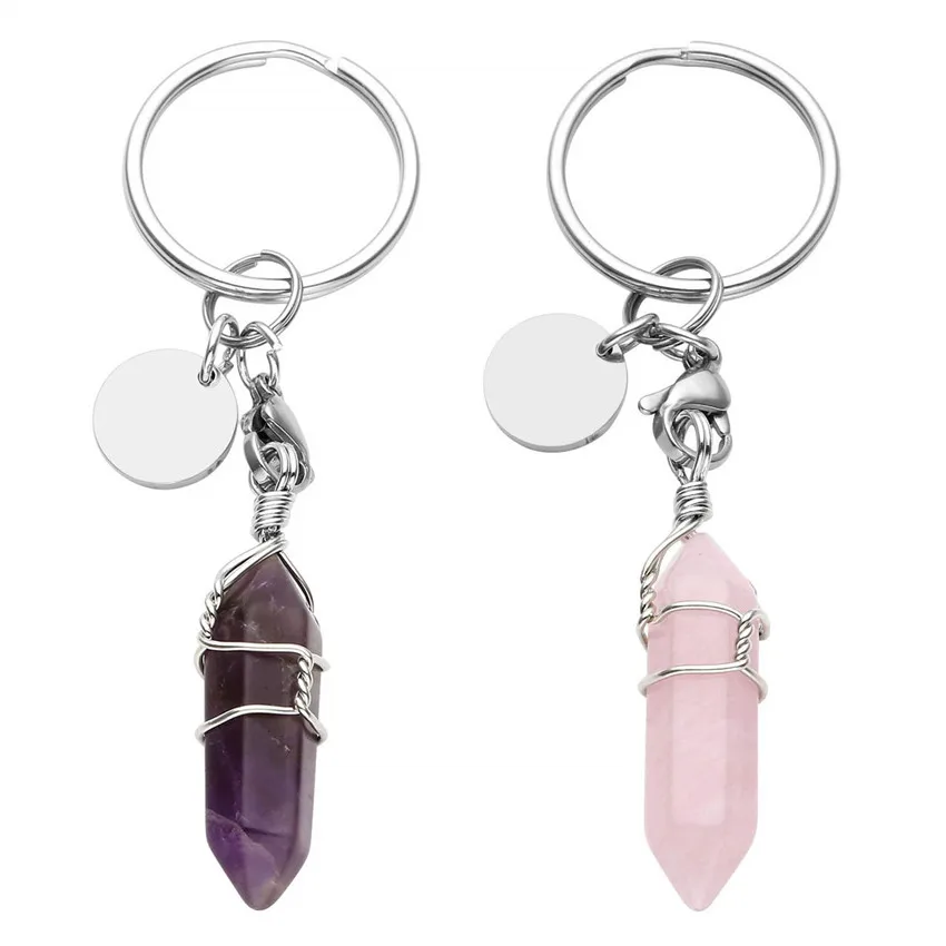 FYSL Silver Plated Circle Wire Wrap Hexagon Prism Amethysts Stone Key Chain Rose Pink Quartz Charm Jewelry