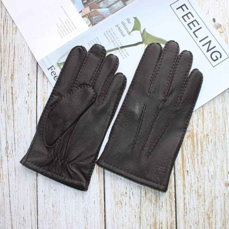 Men\'s new deerskin gloves touch screen hand sewn stylish corrugated wool knit lined warm driving leather gloves