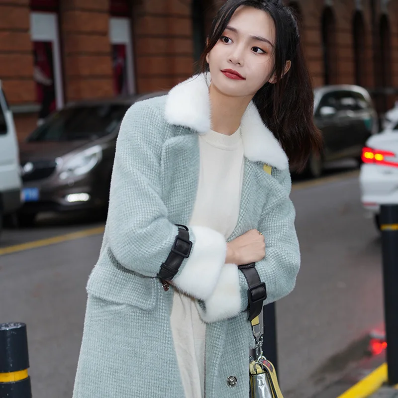 

Female Winter Coat Real Wool Jacket with Mink Fur Collar Korean Long Thick Ladies Cashmere Coats Women Clothes 0020