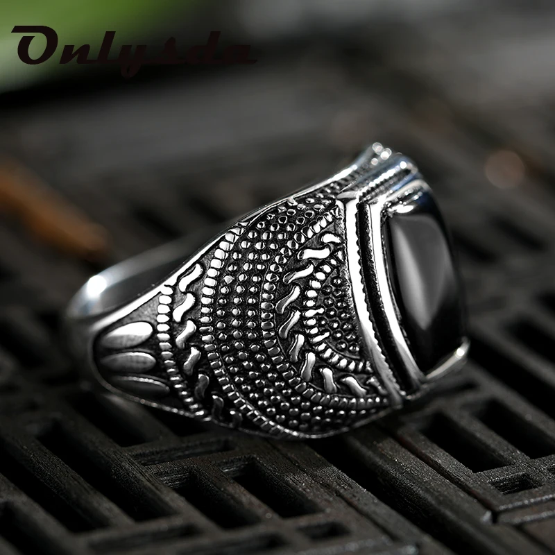 Wholesale Retro Jewelry Stone Rings For Men Titanium Steel Inlaid  Black Stone Ring Domineering Opal Anel For Man Gift