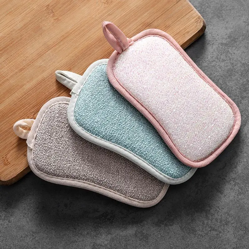 Double-sided Scouring Pad, Reusable Microfiber Dishwashing Sponge Cloth, Kitchen Gadget