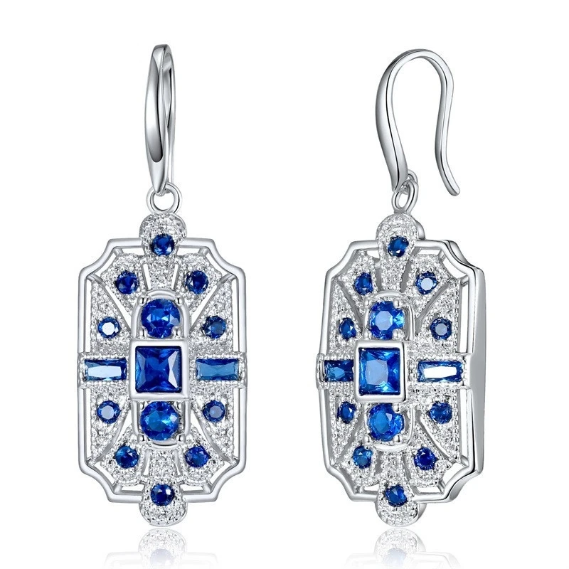 Pendientes colgantes de piedra azul Art Deco para mujer, pendiente de gancho, CZ, encanto nupcial, joyería de compromiso, regalo de boda, moda