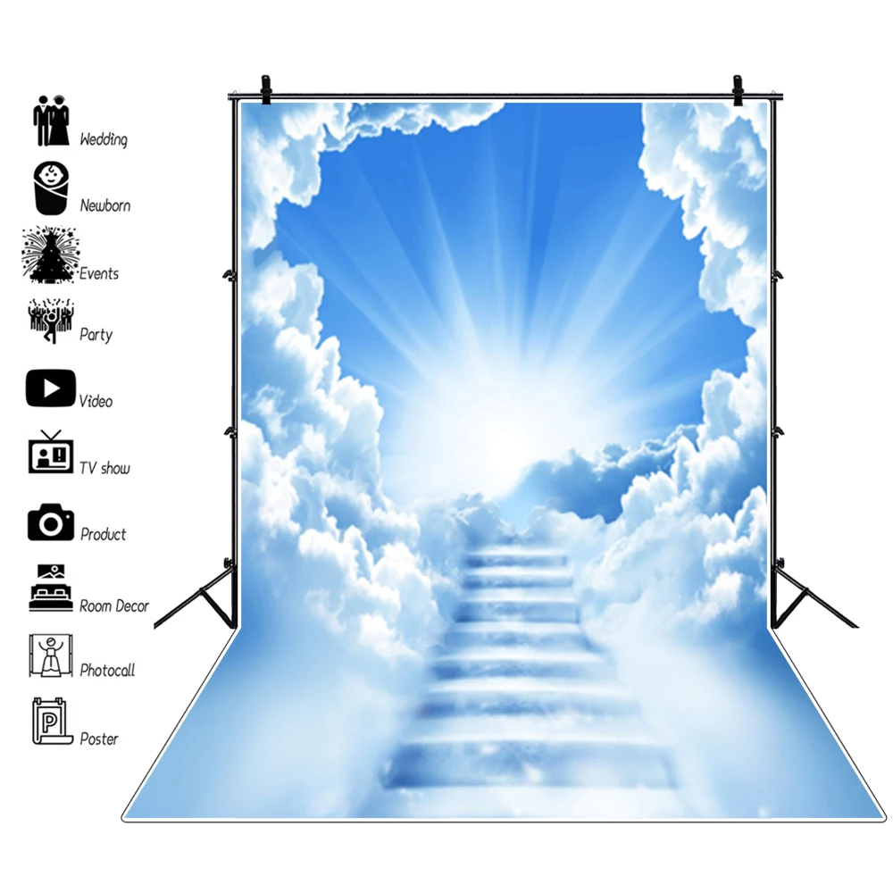 Laeacco Wonderland Shinny Cloudy Stairs To Sky Photography Backgrounds Heaven Holy Cross Jesus Room Decro For Photo Backdrops
