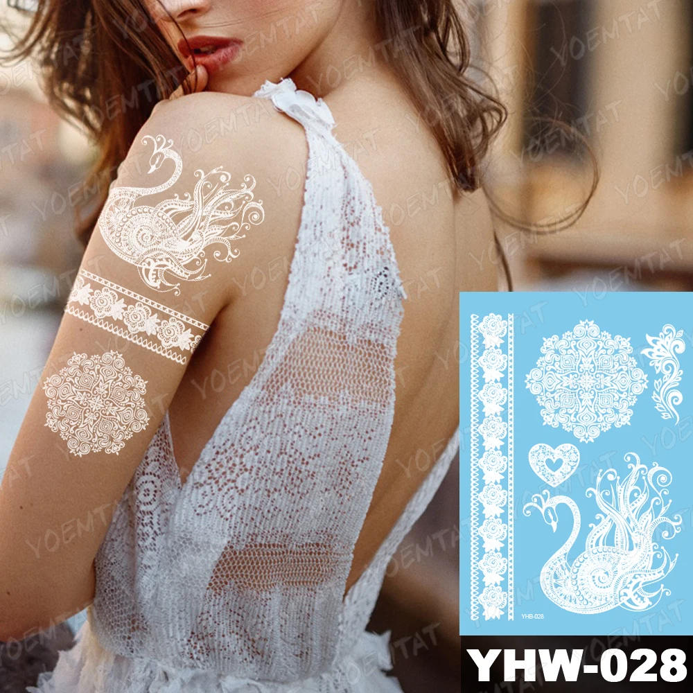 

Waterproof Temporary Tattoo Sticker Swan Mandala Flower Lace Bracelet Flash Tatoo White Henna Bride Sexy Arm Body Art Fake Tatto