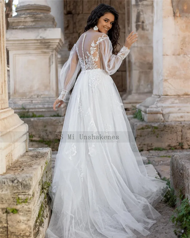 Kasteel Vintage Trouwjurken 2021 Bladerdeeg Lange Mouw Kant Bruid Jurk Kralen Glitter Tulle Parels Boho Bruidsjurken Casamento