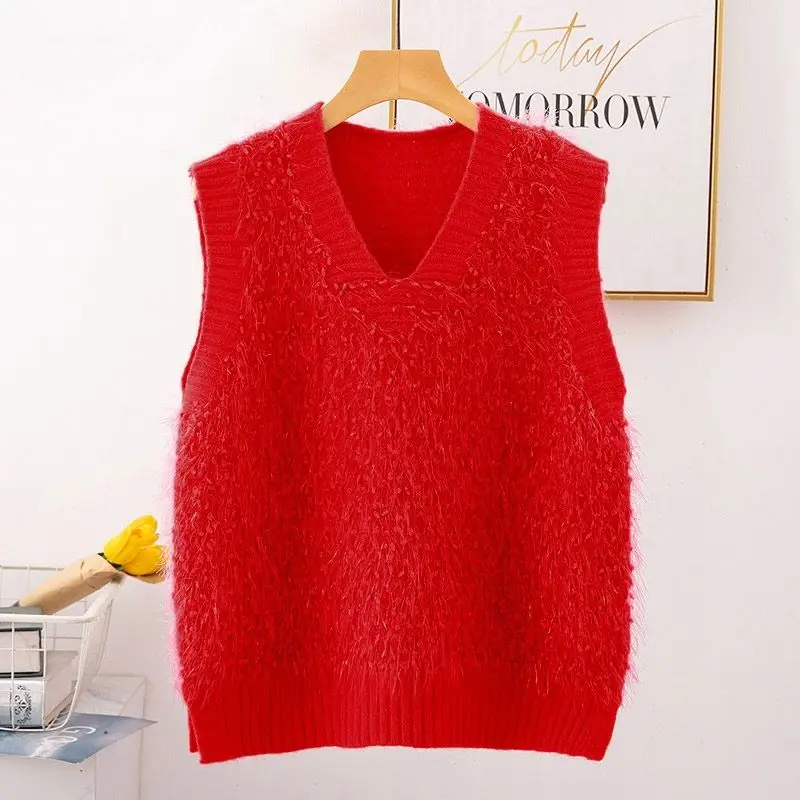 Red RU Korean Spring Fall Fur Furry Plush V-neck Knit Sleeveless Sweater Vest Loose Coat Outcoat Lady Top Cloth for Women girl