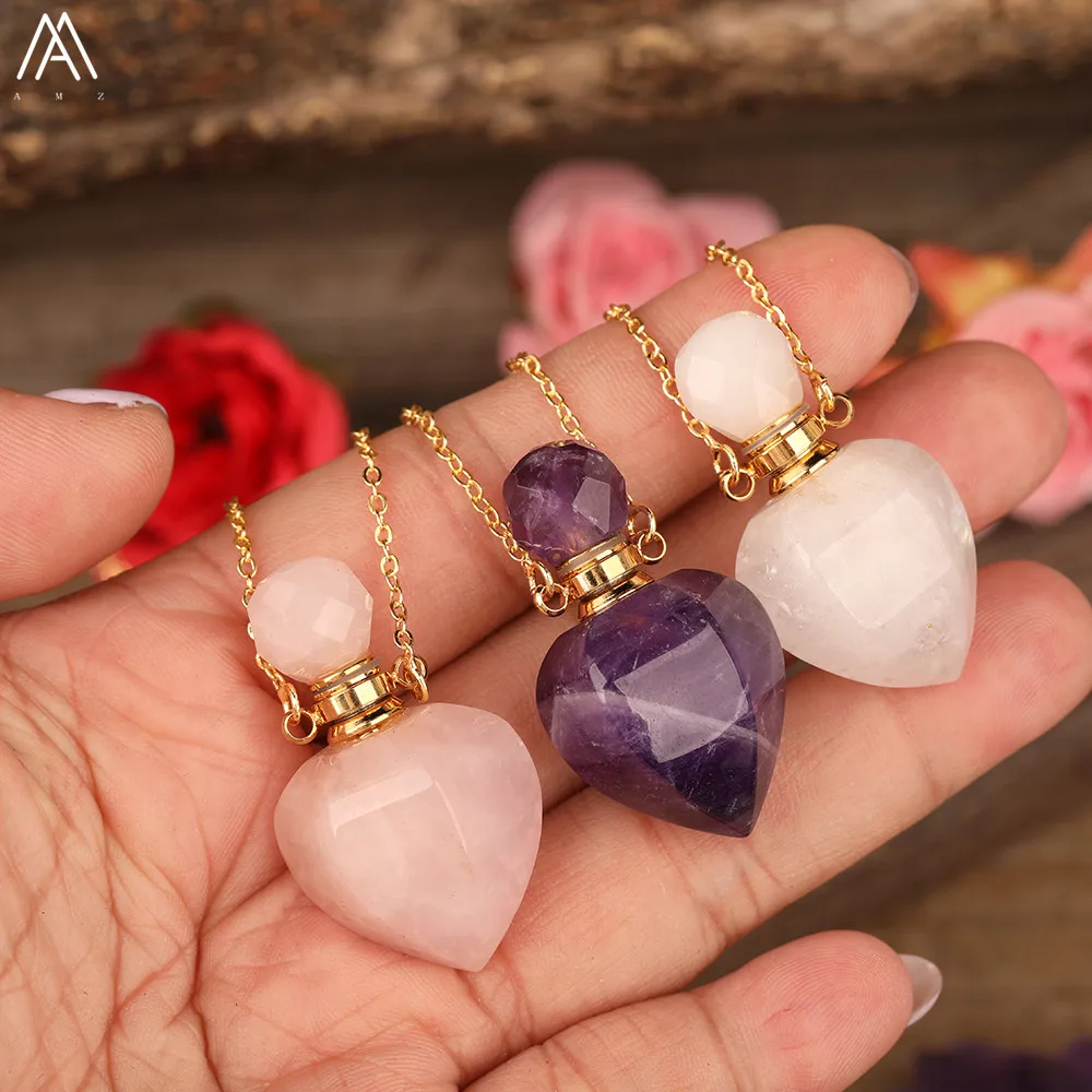 Natural White Jades Roses Amethysts Quartz Heart Shape Perfume Bottle Pendant Necklace Elegant Women Essential Oil Vial Jewelry image 5