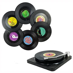 Posavasos de disco de vinilo negro con soporte de reproductor de discos de vinilo, posavasos creativos para taza de café, almohadilla antideslizante resistente al calor, 6 unids/lote por paquete