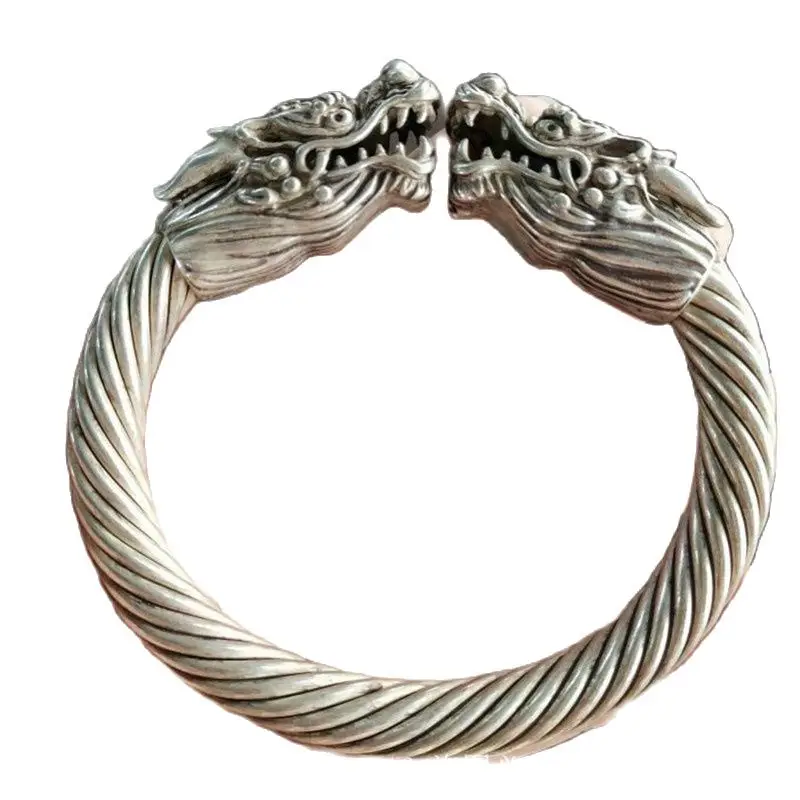 China Old Tibetan Silver Double Headed Dragon Silver Bracelet Men's Bracelet