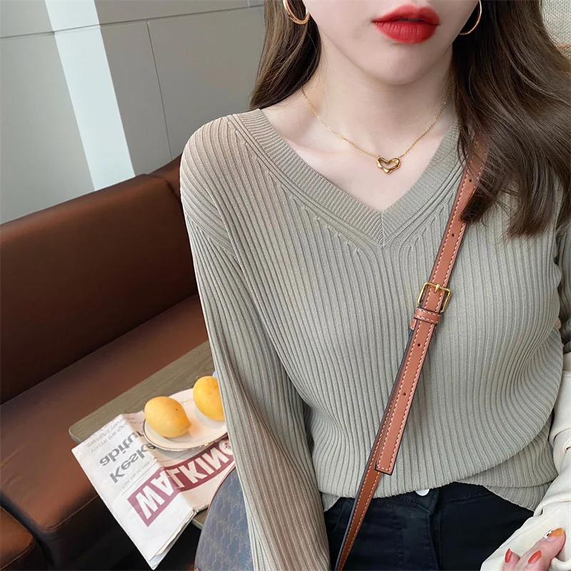 

Color Solid V Neck Pullover Knitting Tops Women New Autumn Long Sleeve Casual Sweater All-Match Slim Fit Office Female Sweaters