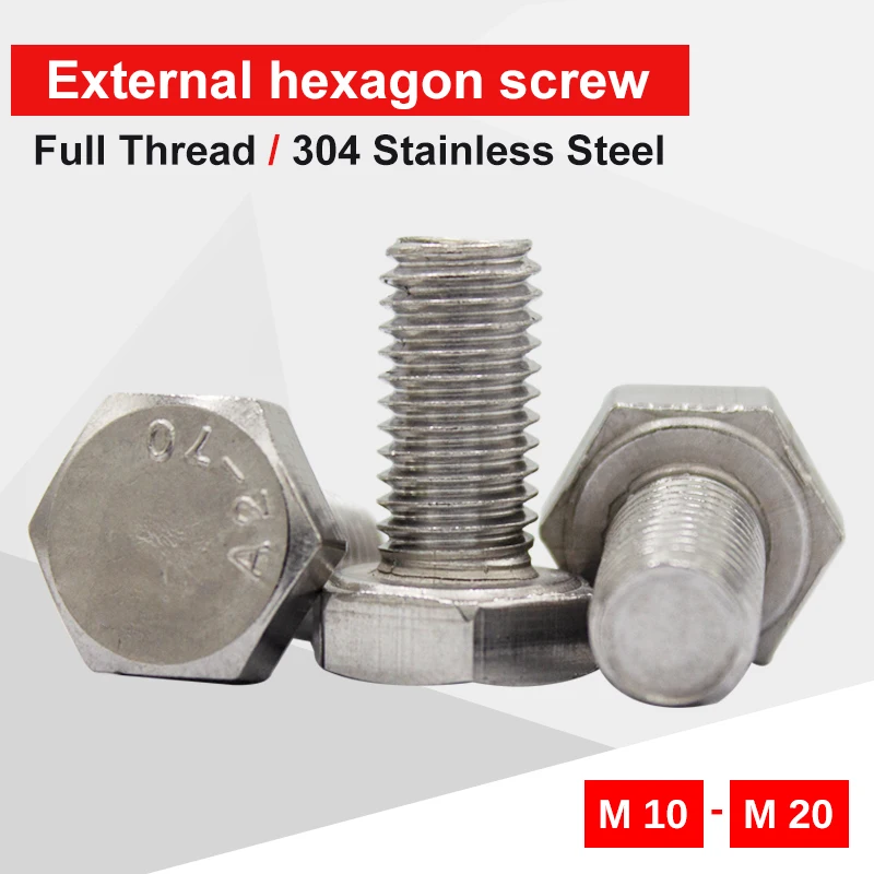 1-10 PCS External Hexagonal Screw Bolt M10 M12 M14 M16 M18 M20  Extended Full Thread Stainless Steel 304 DIN933 For Machinery