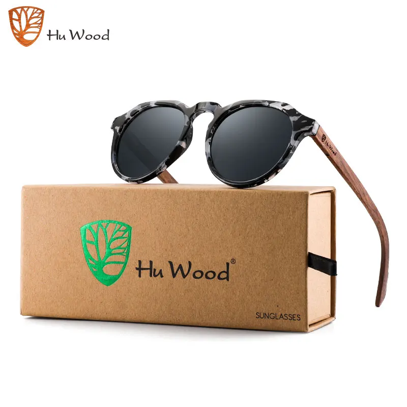 Hu Wood-Handmade óculos polarizados para mulheres, moldura redonda, proteção UV400, lente de espelho vermelho, acessórios de embalagem, GR8048, madeira