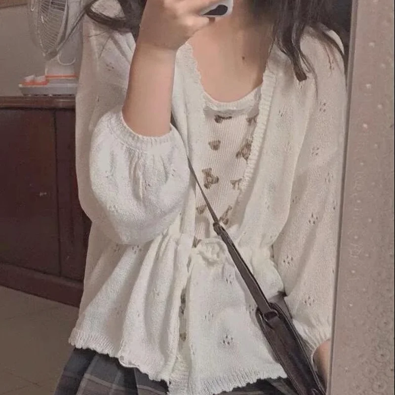 Cardigan Women Lace Up Vintage Sweet Ulzzang Students Summer All-match Soft Solid Elegant Loose Leisure Popular Female Ins New