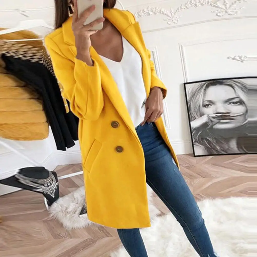 Fashion Women Jacket Autumn Winter Solid Color Lapel Overcoat Buttons Pockets Open Stitch Top Long Warm Keeping Coat Outerwear