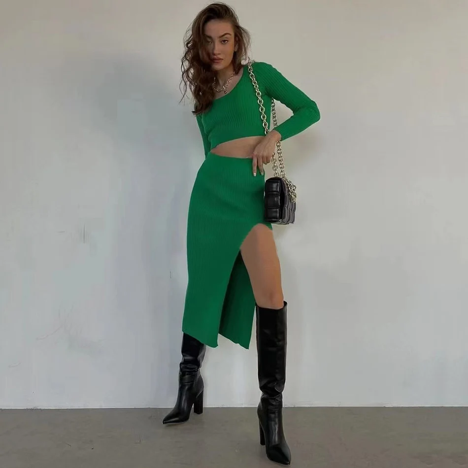 

Free Shipping Sexy Women's Knit Skirt Suit Casual O-neck Long Sleeve Short Pullover Knitwear & Split Midi Skirt Two-piece Set