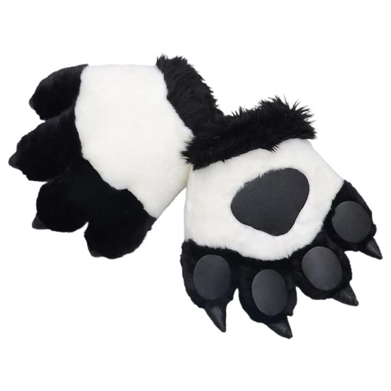 Simulation Tiger/Panda Paw Plush Gloves Striped Fluffy Animal Stuffed Toys Padded Hand Warmer Halloween Cosplay Costume Mitten