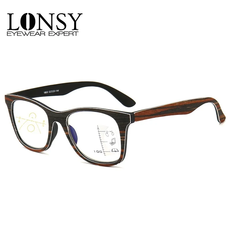 

LONSY Fashion Wood Grain Progressive Reading Glasses Anti Blue Light Hyperopia Eyewear Diopter with +100,+200,+300,+400