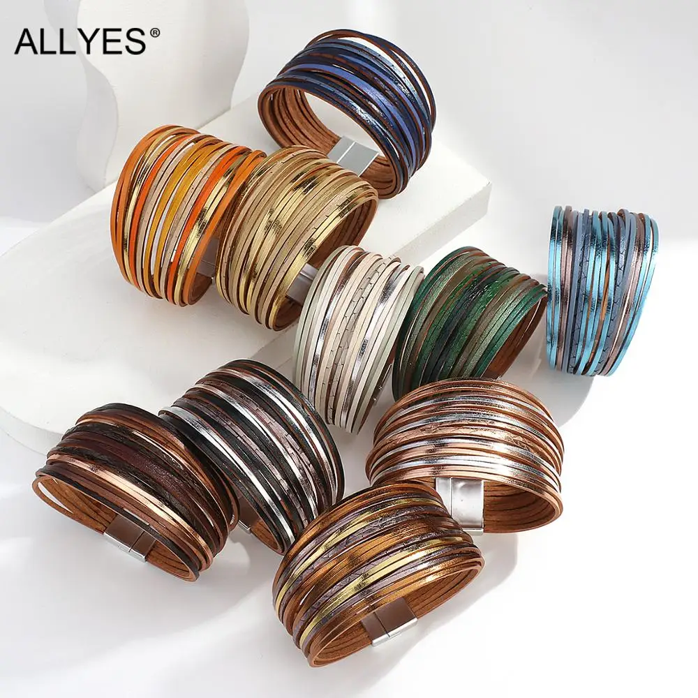 ALLYES Boho Thin Strip Multilayer Leather Bracelets for Women Men Fashion Multicolor Shred Wrap Bracelet Simple Unisex Jewelry