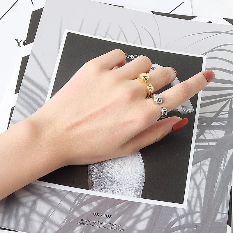 QMCOCO Silver Color Summmer New Drop-Shaped Open Ring Woman Fashion Retro Smooth Elegant Handmade Jewelry Birthday Gifts