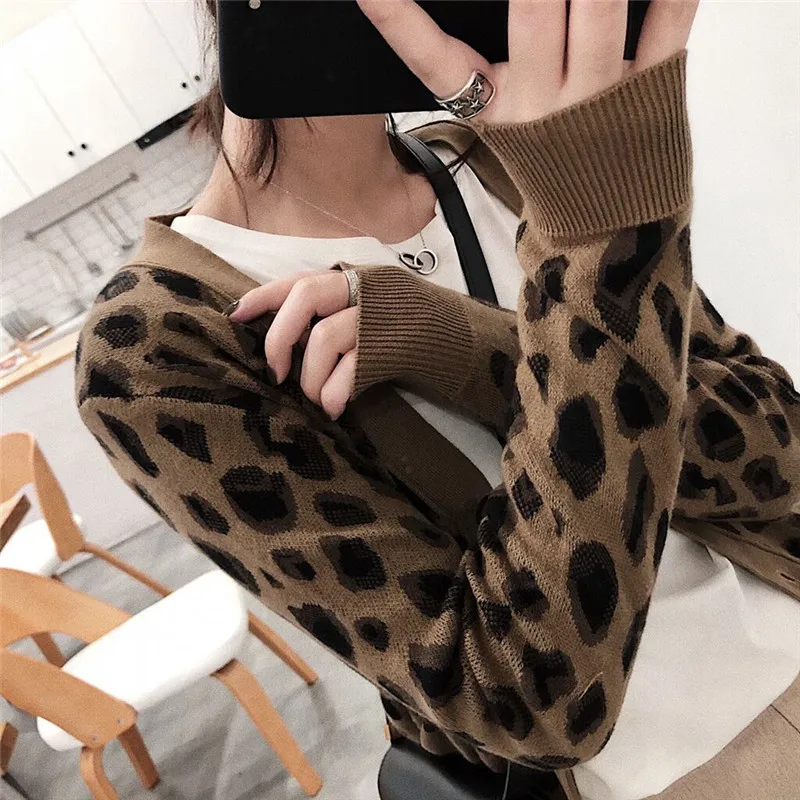 Women\'s Knitted Sweater Cardigan Spring Autumn Long Sleeve V-neck Single-breasted Leopard Print Sweaters Coat Female Tops K69