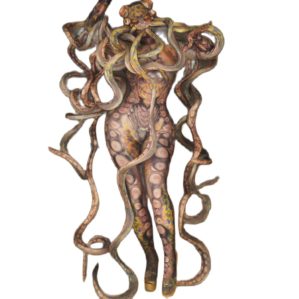 

Horrifying Octopus Monster Tentacle Women Men Jumpsuits Role-Playing Elastic Bodysuit Halloween Cosplay Party Drag Costumes