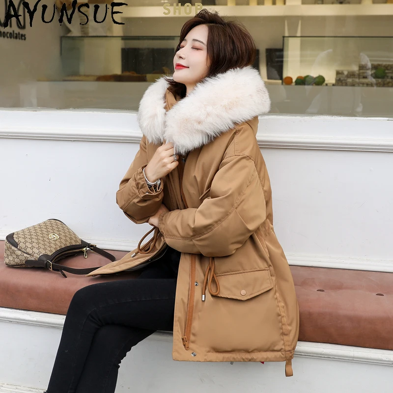 AYUNSUE Women's Winter Down Jacket Big Fur Collar Hodded Parkas Woman 90% white Duck Down Jackets Female Long Coats Casaco 2020