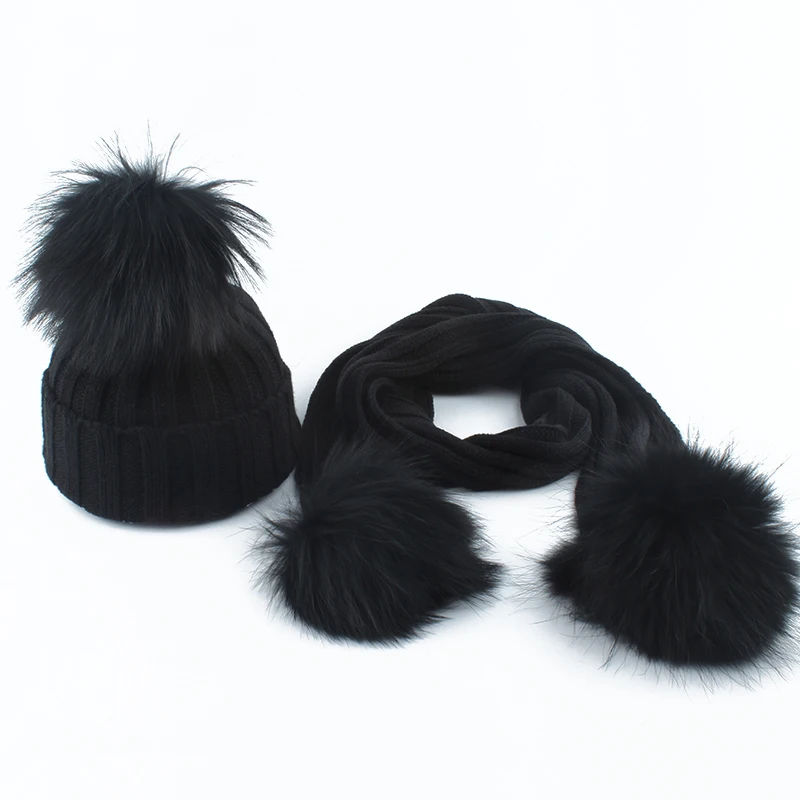 Gorro de punto con pompón de piel auténtica para niños y niñas, conjunto de bufandas, traje de bebé, gorros, bufanda, invierno cálido, 2 a 6 años,