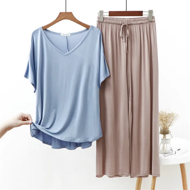 New Women Modal Pajamas Set Summer Short Sleeve Home Clothes Casual Loose V-Neck Sleepwear Female Plus Size Lounge Wear Homewear