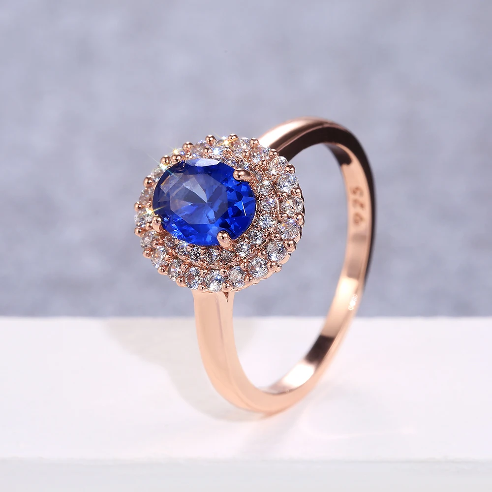 Huitan Fashion Oval Deep Blue Stone Women Wedding Bridal Rings Rose gold Color Gorgeous Engage Ring Mother’s Gift Noble Jewelry