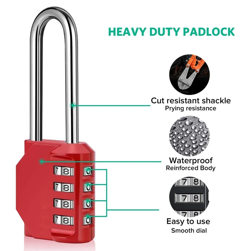 أقفال رمز حزمة 2 ، 4 أرقام طويلة قفل قابل لإعادة التثبيت لبوابة في الهواء الطلق ، سقيفة ، سياج ، تخزين غلق بمشبك ، خزانة الصالة الرياضية