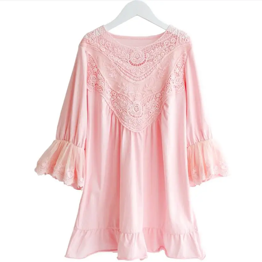 Sping outono novo bebê menina manga longa camisola crianças 100% algodão vestido de sono crianças rendas princesa pijamas macios 2-16y wz250