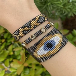 BLUESTAR Women 3pcs one set Evil Eye Bangles Leopard Grain Handmade Bohemian Crystal Bead Micro Pave Zircon MIYUKI Bracelets
