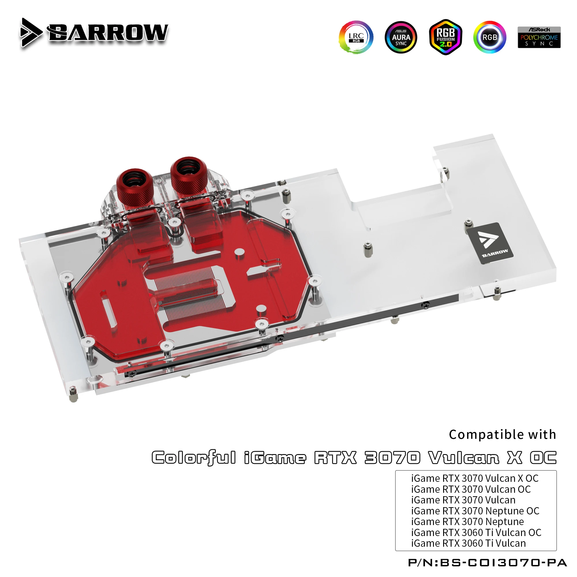 

Barrow Custom GPU Block For Colorful RTX 3070 3060ti Vulcan, Full Cover 5v ARGB GPU Custom Watercooler, BS-COI3070-PA