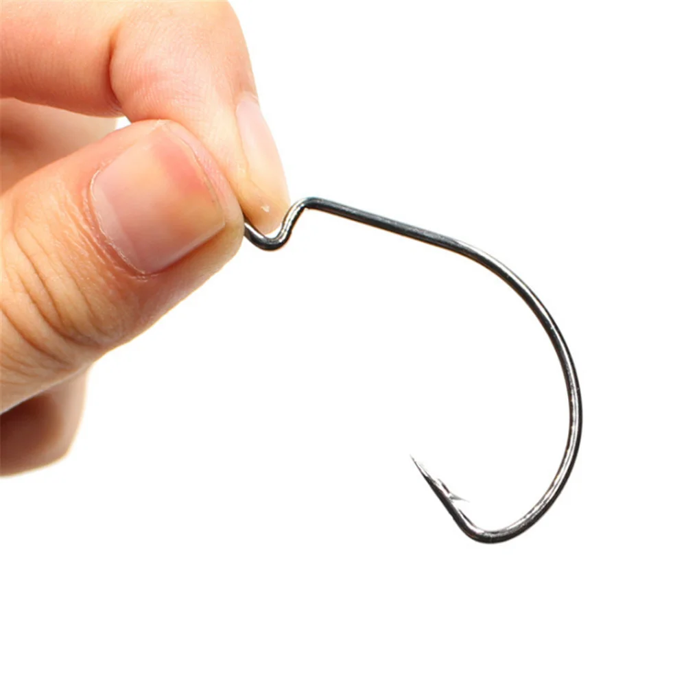 10pcs/lot Black Jig Fishing Hook High Carbon Steel Wide Crank Offset Fishhook For Soft Worm Lure Barbed Bass Fishing Accessories