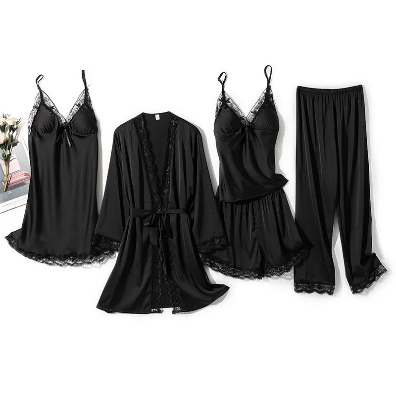 

Spring Summer Nightwear Casual Home Wear With Chest Pads 5pcs Pajama Set Women Black Lace Satin Sleepwear Pyjamas