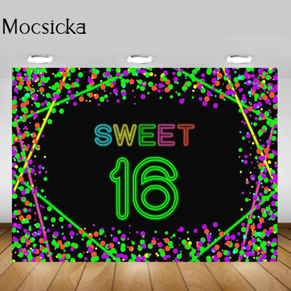 

Mocsicka Girl Sweet 16th Birthday Photography Backdrops Neon Lights Glow Party Photo Decor Background for Photo Studio Photocall