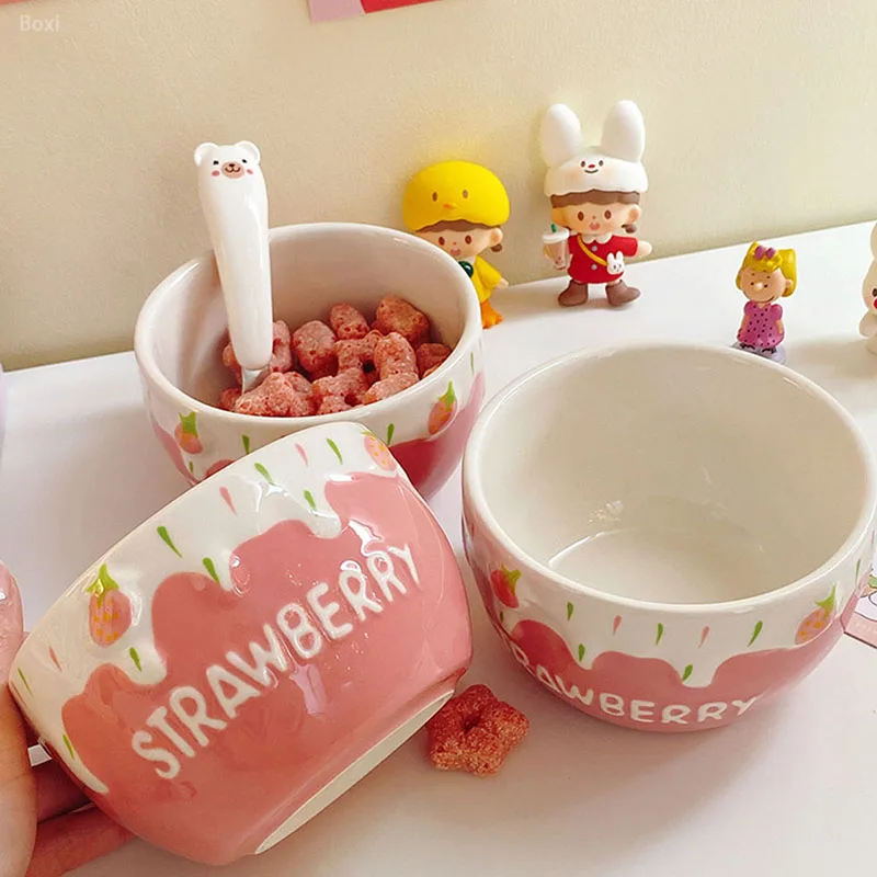 New Cute Sweet Strawberry Ceramic Bowl Girls Ice Cream Dessert Bowl Fruit Salad Breakfast Milk Cereal Rice Bowls Tableware