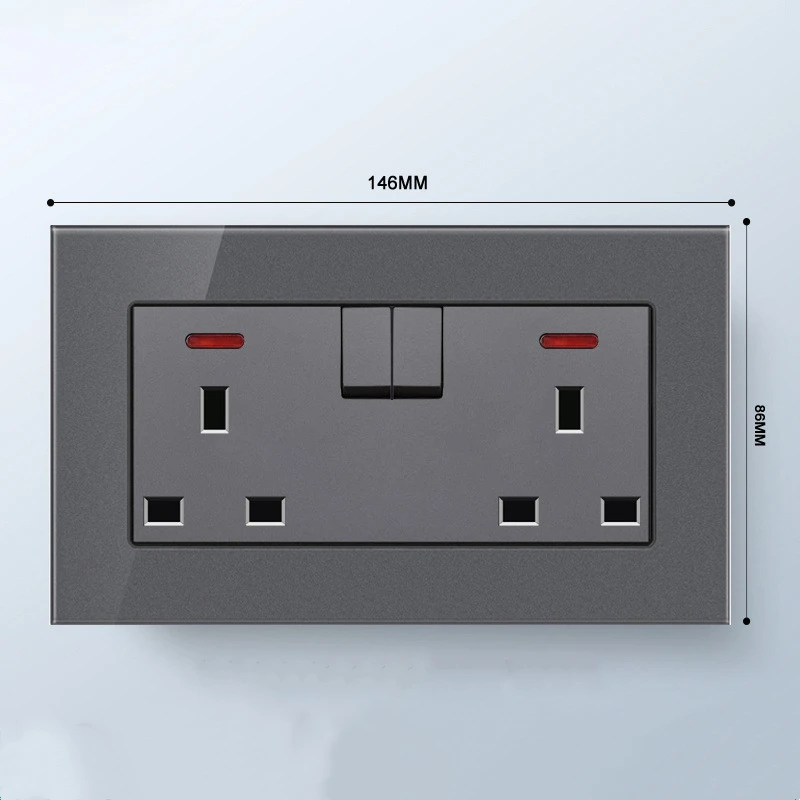 250V 86MM British UK standard Grey glass panel panel 1/2/3/4gang 1/2way switch socket with USB interface socket