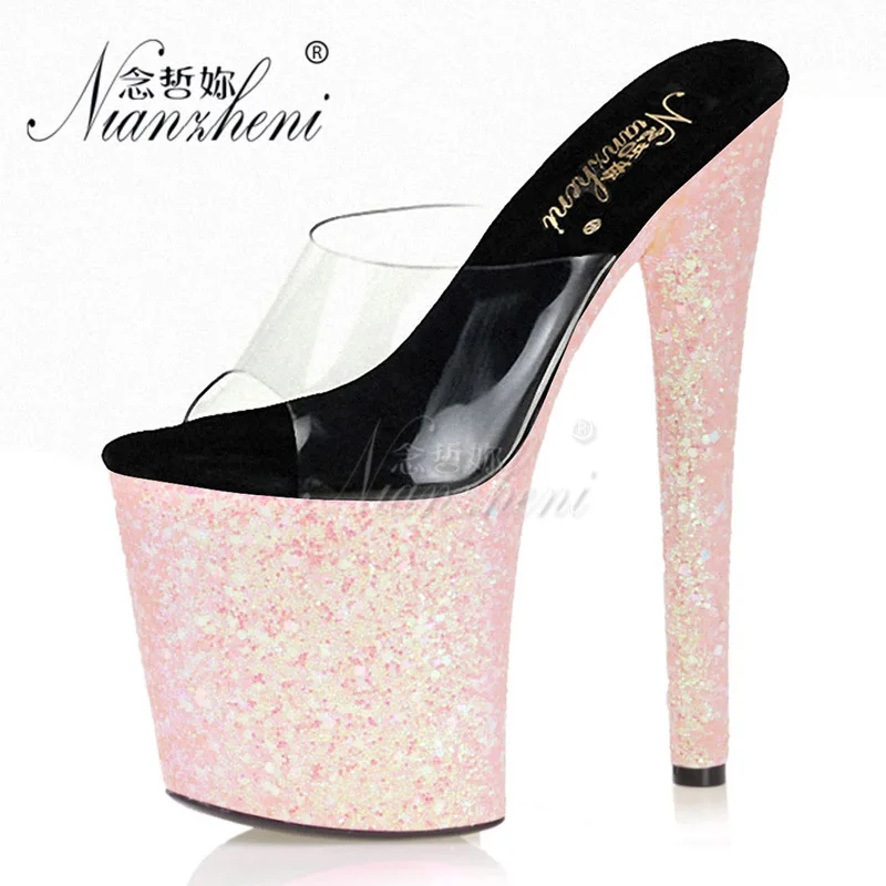 Flash powder Bling Platform Clear Slip-on Women's Slippers 20CM Super Stiletto heels 8 inches Nightclub Stripper Novelty Fashion