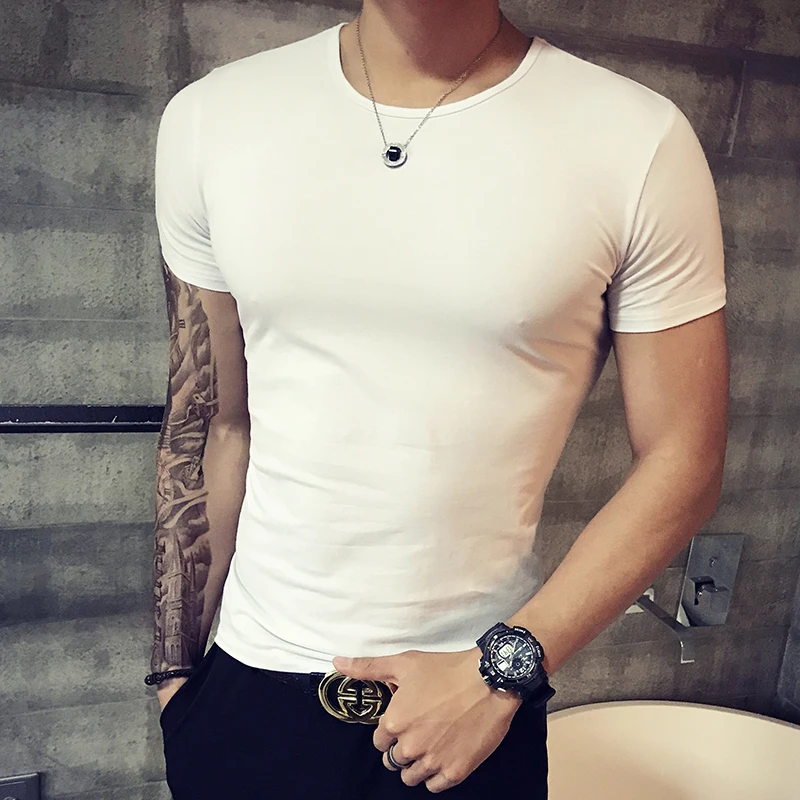 

Plus Size 4XL-M Summer Short Sleeve Solid T Shirts Men Clothing 2025 Simple Round Collar Slim Fit Casual Fitness Tee Shirt Homme
