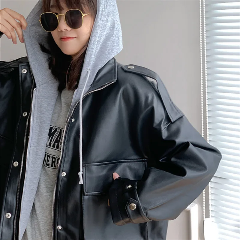 Primavera outono contraste retalhos com capuz preto falso plutônio jaqueta de couro casual falso 2 peça feminino motocicleta motociclista casaco streetwear