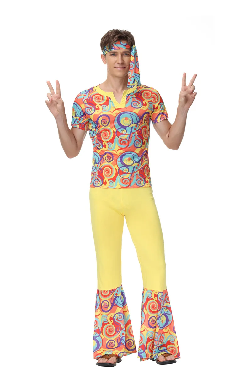 Men Retro 60s 70s Hippie Costume Outfit Halloween Carnival Party Disco Cosplay Fancy Dress