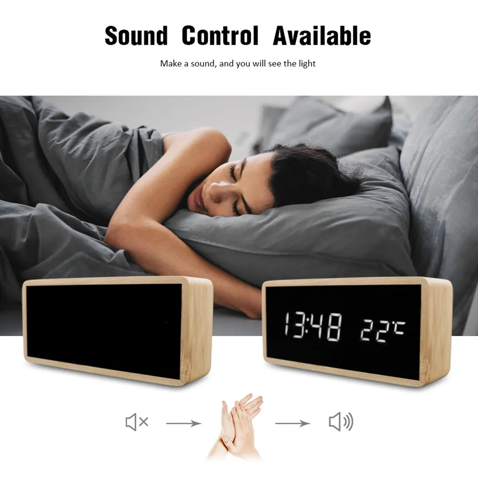 Bamboo Wooden Mirror Alarm Clocks Temperature Sounds Control Desktop Clock With Digital Watch Electronic LED Clocks Despertador