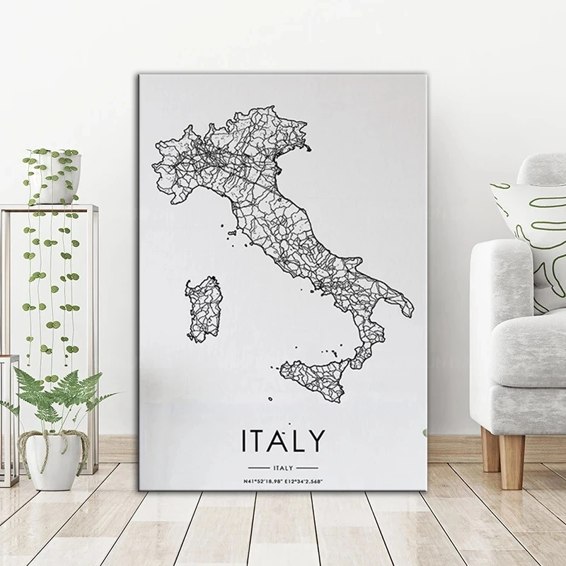 Italy Country Map Road Print Nordic Living Room Decoration Black White Canvas Poster Modern Home Decor Art Wall Painting