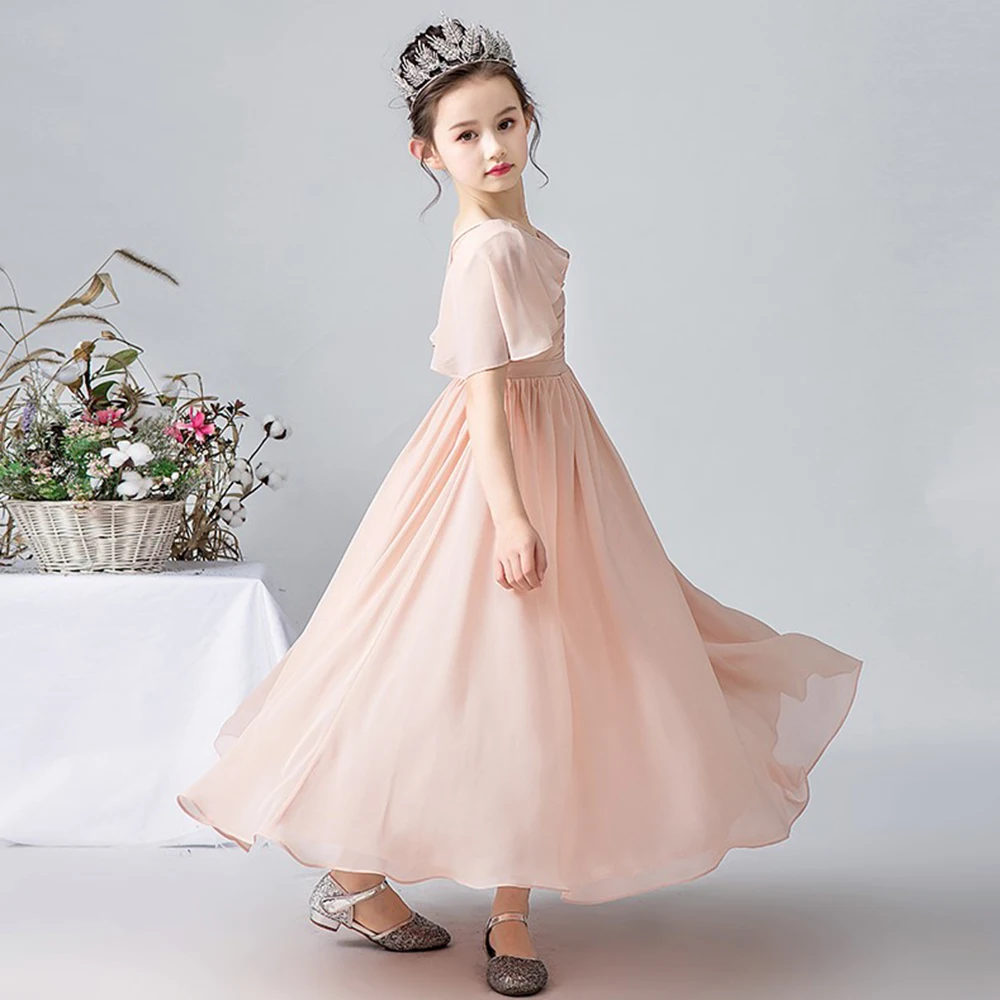 Robes à fleurs en mousseline de soie pour filles, tenue de soirée, de mariage, d'anniversaire, à manches cape, de spectacle, de demoiselle d'honneur, pour enfants