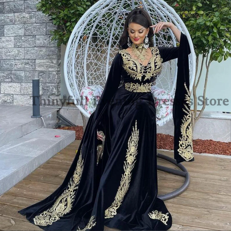 Thinyfull-vestido de noche de caftán marroquí de terciopelo negro, bordado dorado, manga larga, Dubai islámico, Abaya árabe saudita, vestidos de graduación